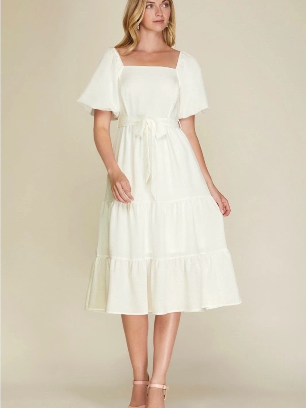 She + Sky yellow Square-Neck Tiered Midi Dress with Tie Waist